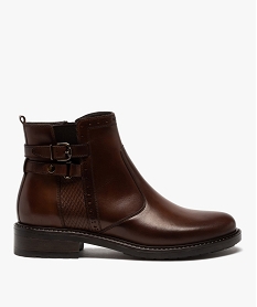 GEMO Boots femme unis à talon plat dessus cuir à bords ajourés marron standard
