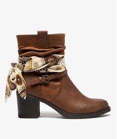 GEMO Boots femme à talon avec foulard et brides décoratives marron standard