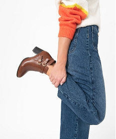 GEMO Boots femme unis à talon carré et brides décoratives marron standard