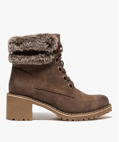GEMO Boots femme à col duveteux talon carré et semelle crantée marron fonce