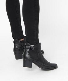 GEMO Boots femme à talon dessus cuir uni et bride décorative noir standard