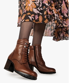 GEMO Boots femme unis à talon dessus cuir à lacets marron standard