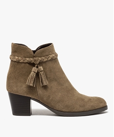 GEMO Boots femme unies à talon dessus cuir et bride fantaisie marron fonce
