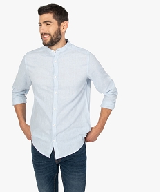 GEMO Chemise homme col mao en lincoton à manches retroussables Bleu