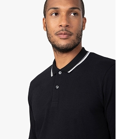 polo homme a manches longues en maille piquee et finition rayee noirB967501_2