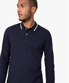 polo homme a manches longues en maille piquee et finition rayee bleuB967601_2