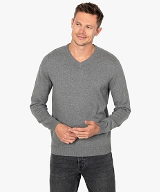GEMO Pull homme à col V en coton fin Gris