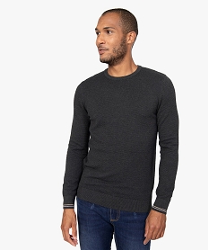 pull homme a col rond en maille fantaisie et liseres au poignet grisB970301_1