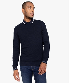 GEMO Pull homme à col rond en maille fantaisie et liserés au poignet Bleu