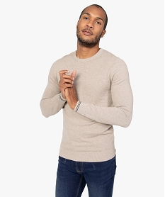 GEMO Pull homme à col rond en maille fantaisie et liserés au poignet Beige