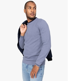 GEMO Pull homme à col rond en maille fantaisie et liserés au poignet Bleu