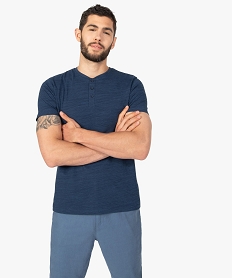 GEMO Tee-shirt homme chiné à manches courtes et col tunisien bleu standard