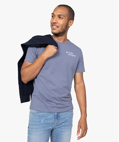 GEMO Tee-shirt homme à manches courtes à message brodé 100% coton biologique Bleu