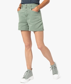 GEMO Short femme en toile de coton taille haute Vert