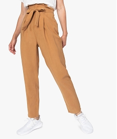 GEMO Pantalon femme coupe carotte taille haute Brun