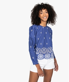 GEMO Blouse femme avec broderies ajourées Bleu