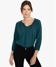 GEMO Blouse femme unie à manches ¾ et col froncé Bleu