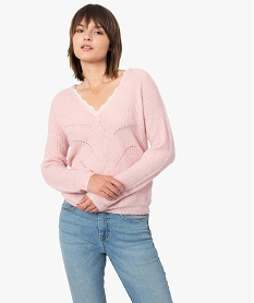 GEMO Pull femme avec col V en dentelle Rose