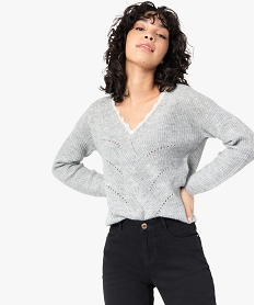 GEMO Pull femme avec col V en dentelle Gris