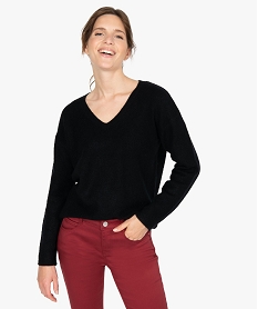 GEMO Pull femme col V en maille ultra douce Noir