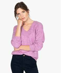 GEMO Pull femme col V en maille ultra douce Violet