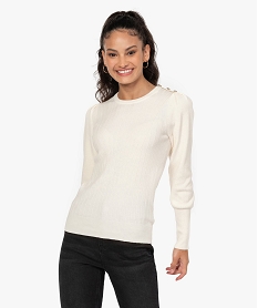 GEMO Pull femme avec manches froncées et boutons sur l’épaule Beige
