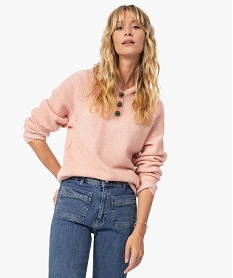 GEMO Pull femme à capuche avec boutons en strass Rose