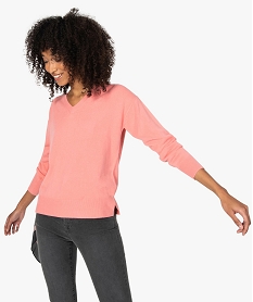GEMO Pull femme à col V en maille ultra douce Rose