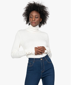 GEMO Pull femme à col roulé et boutons sur les poignets Jaune
