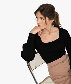 GEMO Pull femme en maille côtelée avec grand col carré noir vif