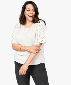 GEMO Pull femme grande taille en maille pailletée et manches ajourées Beige