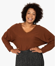 GEMO Pull femme grande taille en maille fine avec décolleté V en dentelle Orange