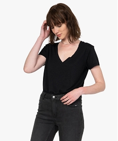 tee-shirt femme a manches courtes et grand col v noirC019301_1