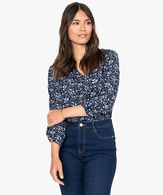 GEMO Tee-shirt femme à manches longues avec col fantaisie et boutons Bleu