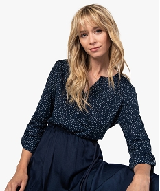 GEMO Tee-shirt femme à manches longues avec col fantaisie et boutons Bleu