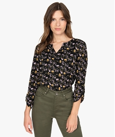 GEMO Tee-shirt femme à manches longues avec col fantaisie et boutons Multicolore