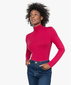 GEMO Tee-shirt femme uni avec col roulé et manches longues Rouge