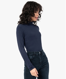 GEMO Tee-shirt femme uni avec col roulé et manches longues Bleu