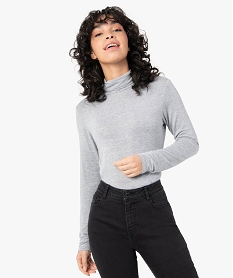 GEMO Tee-shirt femme uni avec col roulé et manches longues Gris