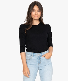 GEMO Tee-shirt femme à manches ¾ froncées Noir