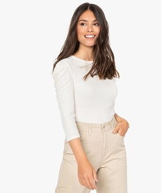 GEMO Tee-shirt femme à manches ¾ froncées Beige