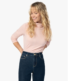 GEMO Tee-shirt femme en maille côtelée manches longues et col montant Rose