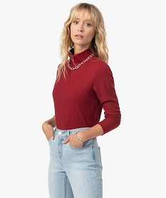 GEMO Tee-shirt femme en maille côtelée manches longues et col montant rouge standard