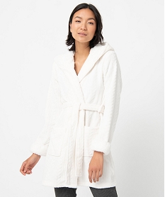 GEMO Robe de chambre femme courte à capuche en maille peluche Blanc