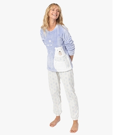 GEMO Pyjama femme chaud et douillet imprimé animal polaire Bleu