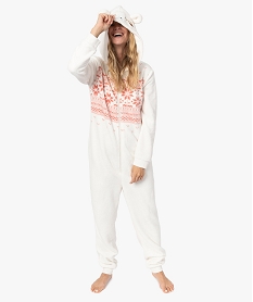 GEMO Combinaison pyjama femme douillette imprimé avec capuche animée Beige