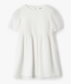 GEMO Robe fille courte à smocks et voile plumetis Blanc