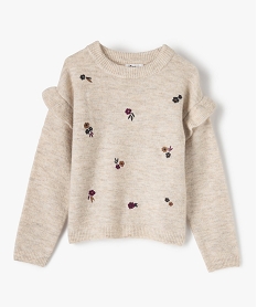 GEMO Pull fille avec  motifs fleuris brodés sur l’avant Beige