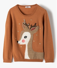GEMO Pull fille avec motif animalier brodé Brun