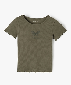 GEMO Tee-shirt fille en maille côtelée avec finitions froncées Vert